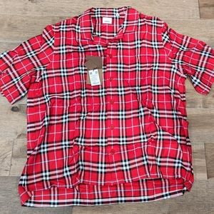 Mens Burberry "Rugeley" IP Check Button Up Camp Shirt Chili Red